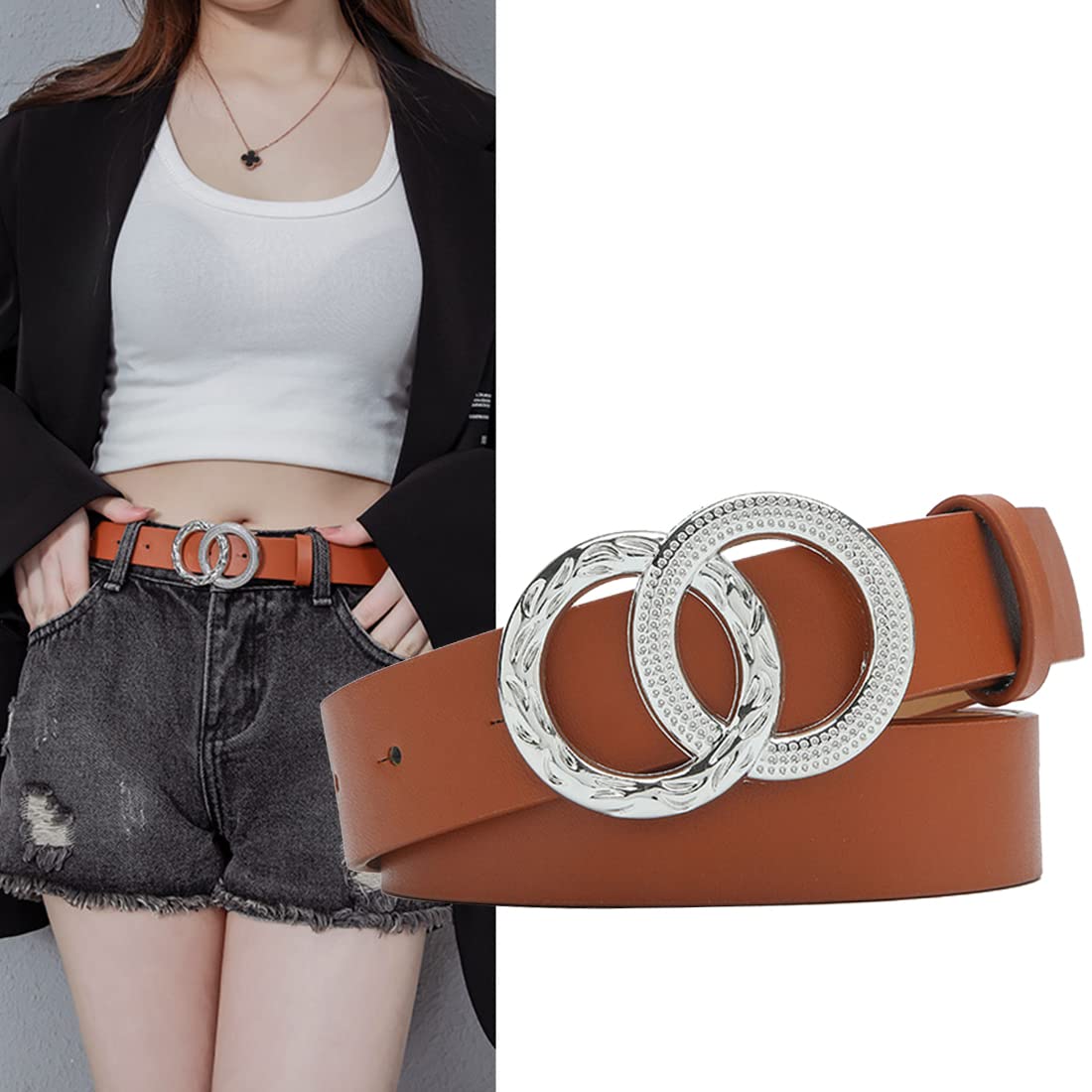 PALAY Women Dress Belt Ladies Sleek Double Ring Closure Metal Waist Belt For Women Dress,Blouse,Coat,Evening Gown-41.7inch (Brown)