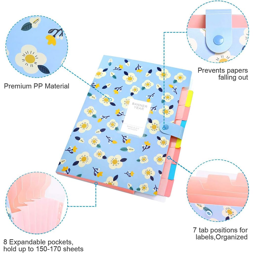 Climberty 4 Pack Expanding File Folder with Separate 6 Compartments, Accordion Document/Letter A4 Size Floral Print Plastic File Folders for Organization Travel File Folder with Snap Button Closure