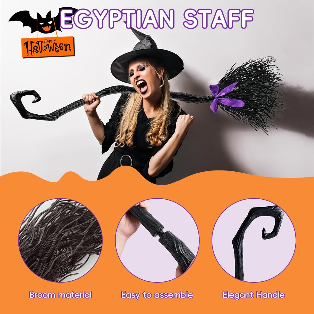PATPAT Halloween Witch Broom with Purple Ribbons Decor 55'' Witch Broom Halloween Home Decro Props Kids Cosplay Prop Magic Witch Broom Prop for Halloween Party, Cosplay, Birthday Party
