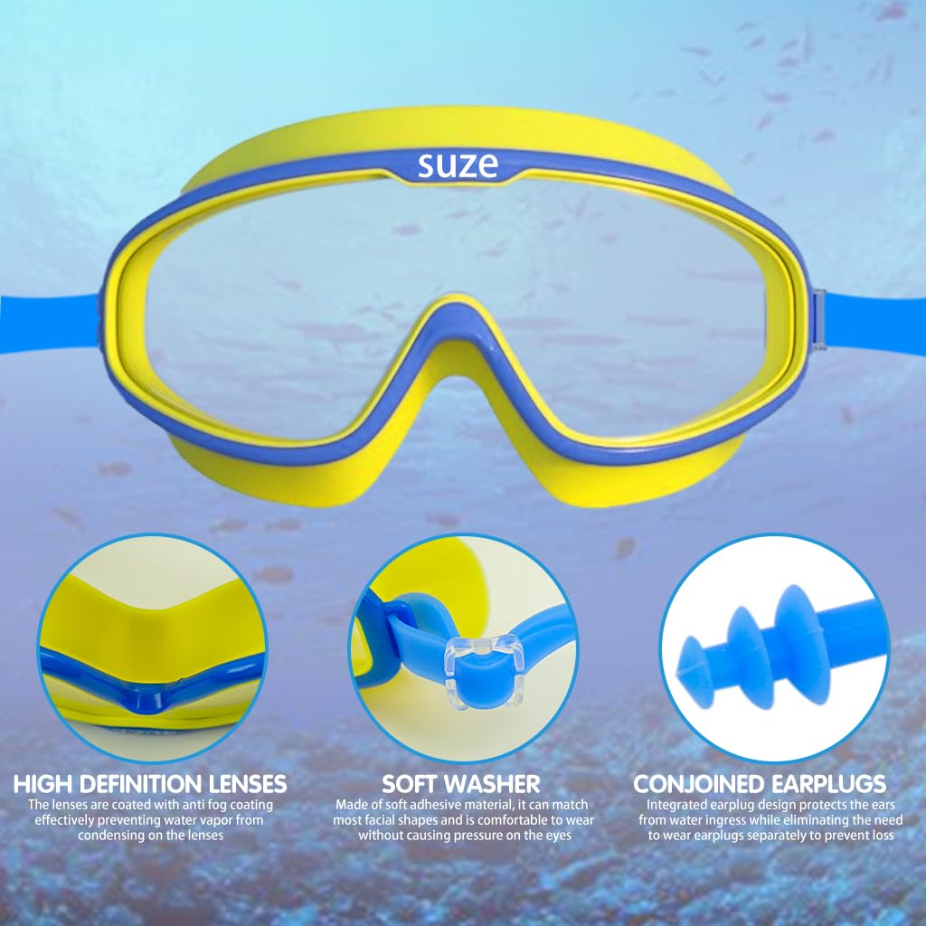 Proberos Kids Leakproof Anti-Fog Yellow Swimming Goggles With Integrated Ear Plugs - UV Protection Comfortable Fit Adjustable Strap for Boys & Girls Aged 3-16 - HD Clear Vision Swim Eyewear
