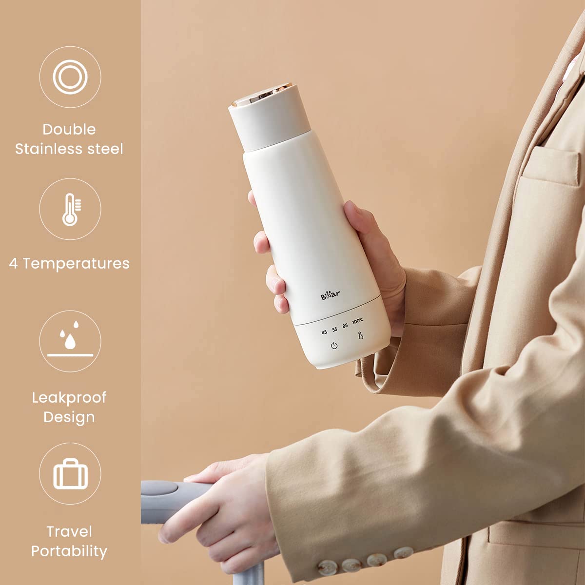 Bear Electric Kettle 300W Portable Electric Water Bottle for Hot Water with 4-Temperature Fast Boil Tea Kettle Mug Multipurpose Food Grade 304 Stainless Steel Liner for Travel with Storage Bag