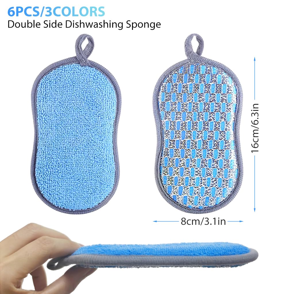 HASTHIP 6 Pack Kitchen Dish Sponge Scrubber, Durable Scrub Scouring Sponge, Non-Scratch Microfiber Sponge Heavy Duty for Da wn Dish Soap Cleaning of Sink Pans