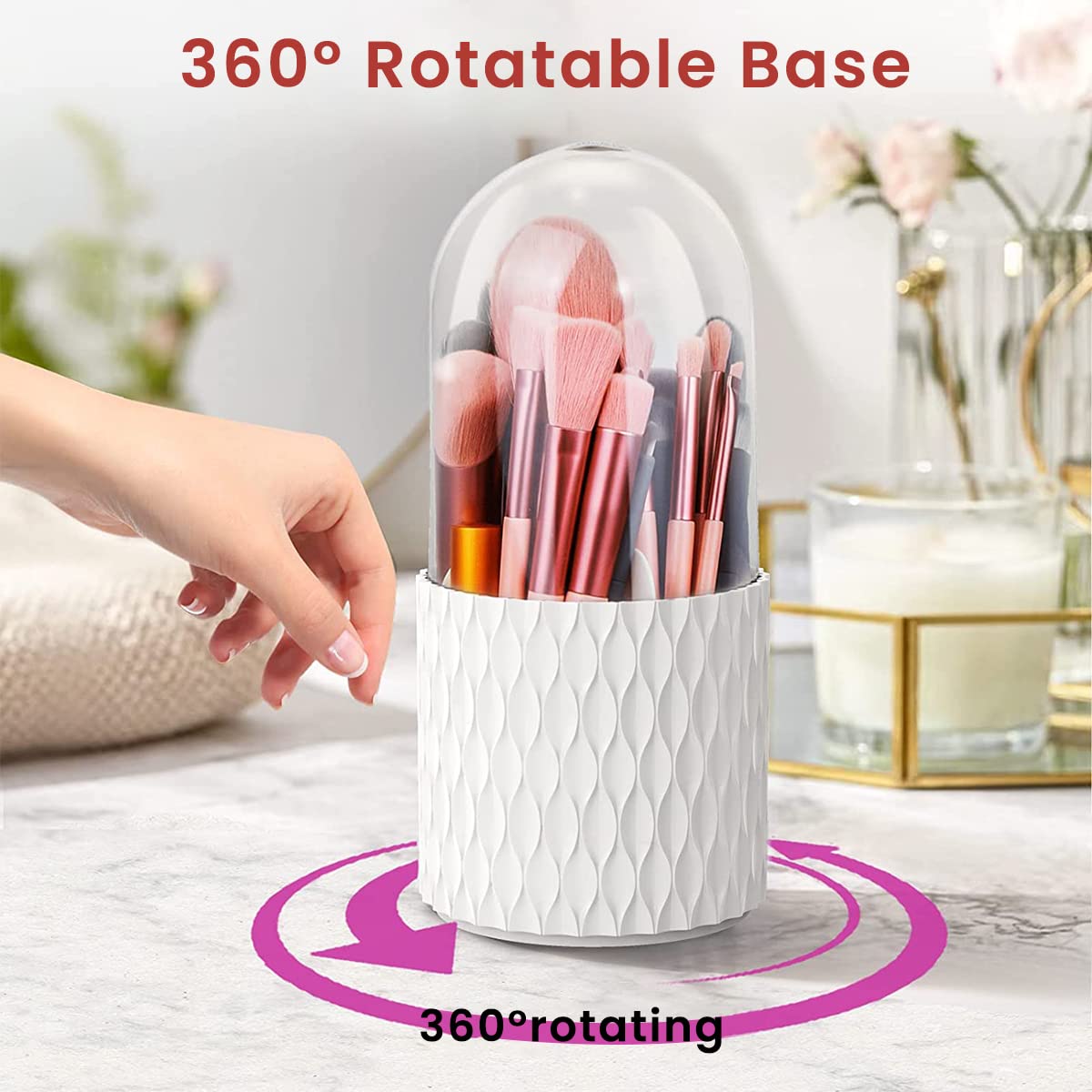 MAYCREATE Makeup Brush Holder Organizer With Lid, 360° Rotatable 4-Grid Cosmetic Makeup Brushes Storage Case Stand For Vanity Or Bathroom - Dustproof & Waterproof, White, Plastic