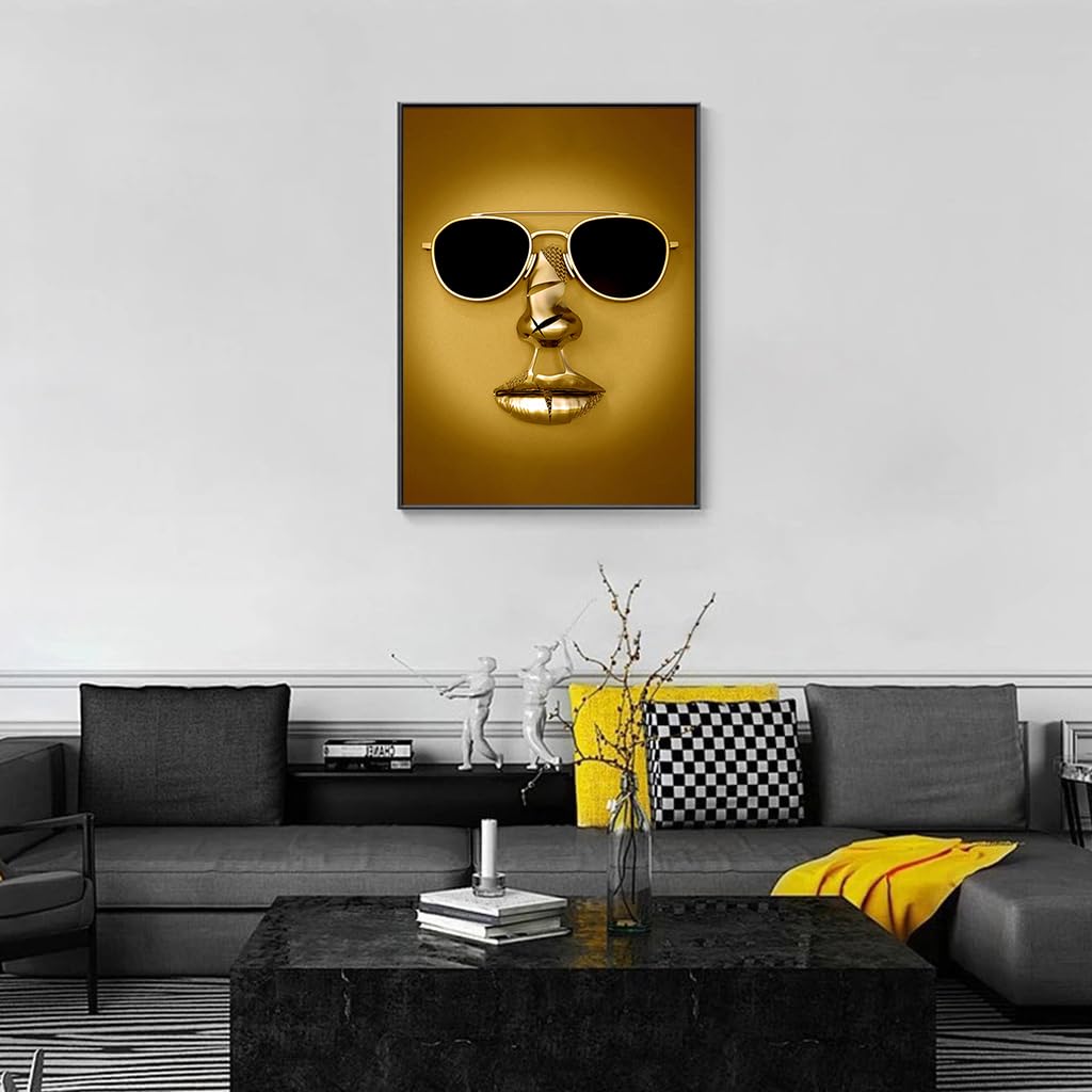 HASTHIP 3D Metal Figure Statue Art Couple Love Heart Kiss Pictures Wall Art Canvas Print Poster Drawing Decor for Home Living Room Bedroom Office - Without Frame, (30x40cm) Gold