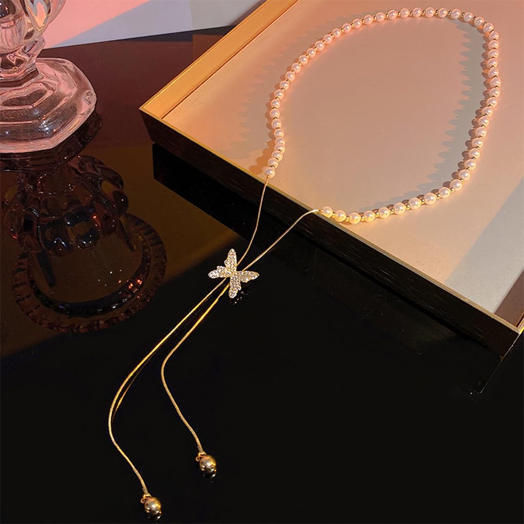 SANNIDHI Pearl Necklace for Women and Girls Clavicle Butterfly Necklace Stylish Trendy Adjustable Butterfly Pendant for Women Girls Simple Gold Plated Butterfly Necklaces Jewellery Gift for Women