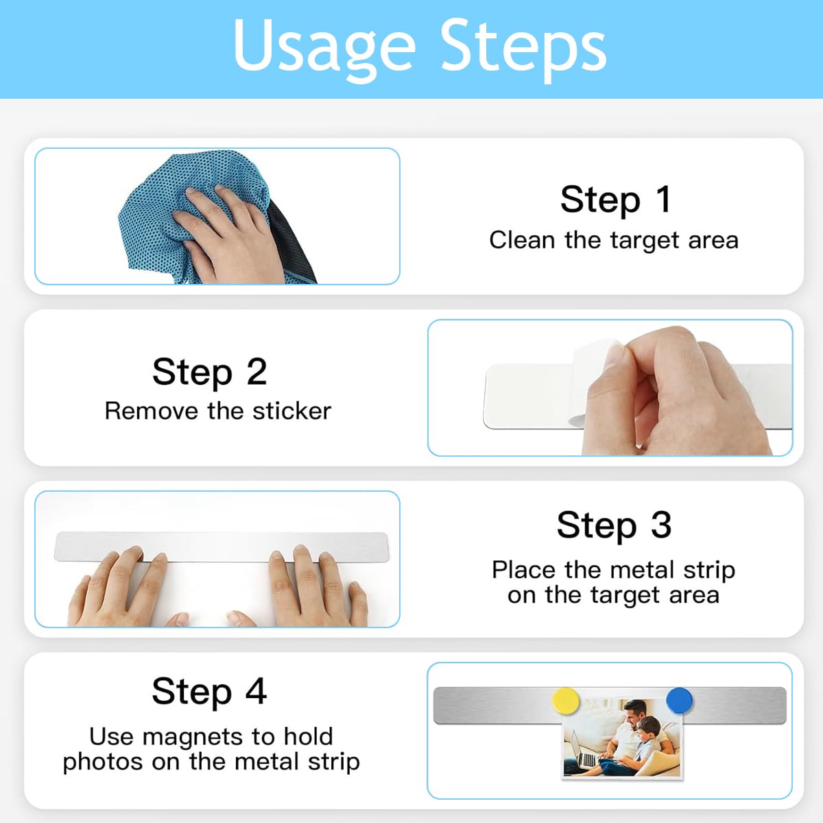 Climberty 4 Pack Magnetic Stainless Memo Board Strip Message Board with 16 Pcs Color Magnets, Adhesive Backing Bulletin Bar Board for Office, Home, Photo Wall, Documents and Fridge (Silver)