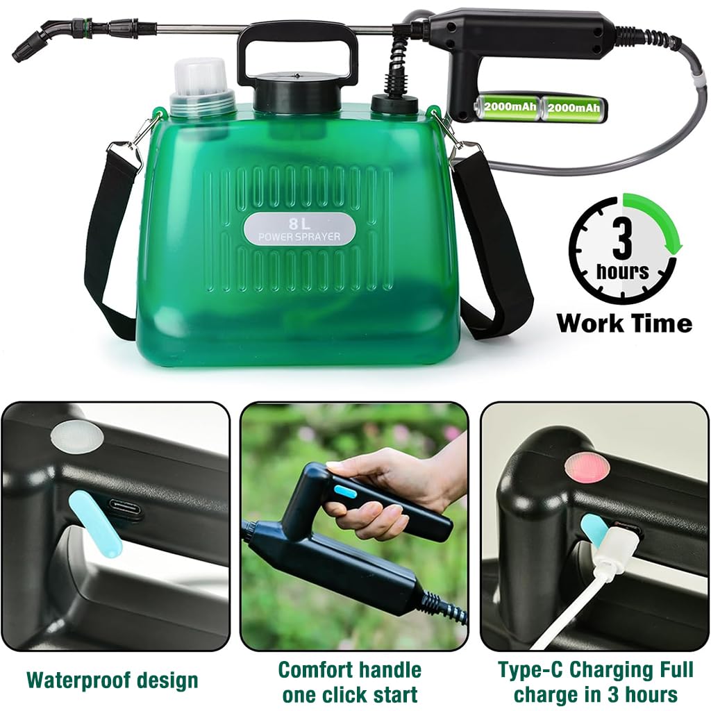 HASTHIP Electric Water Sprayer with 8L Capacity Containter Fine Mist Electric Sprayer with 4 Switchable Sprayer Nozzles Water Mist Sprayer Electric Water Sprayer for Gardening, Agriculture, Car Wash