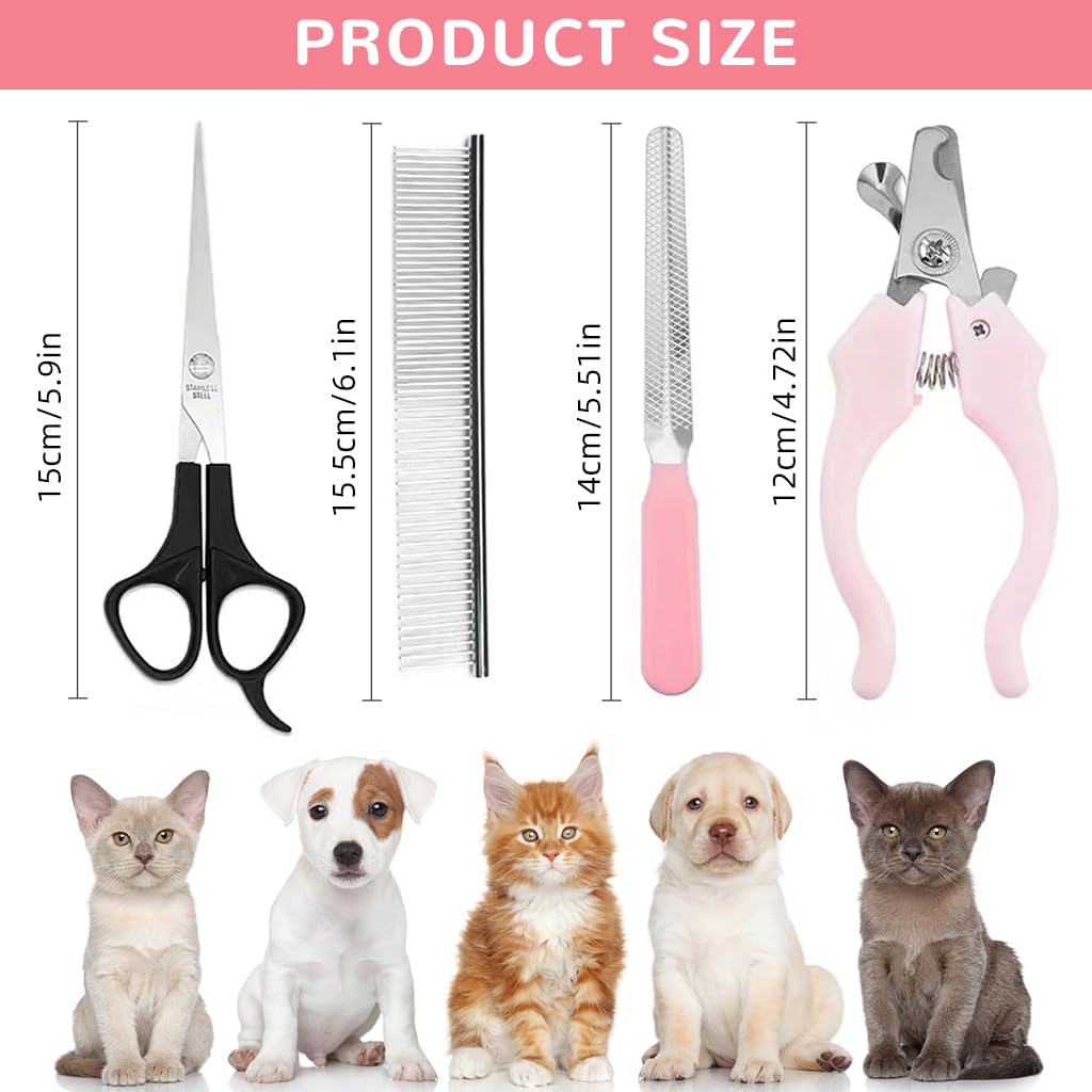 Qpets Pet Grooming Kit, Dog Grooming Scissors Clippers for Cats Dogs, Pet Hair Trimmer Dog Hair Comb Spring Loaded Stainless Steel Pet Nail Clipper - 4 Pcs