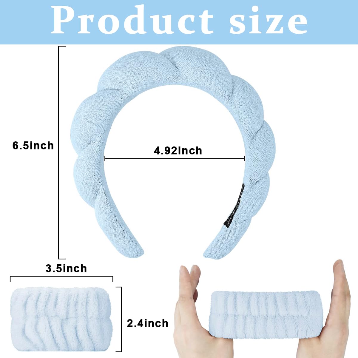 MAYCREATE Spa Headband Wristband Combo for Women Girls Face Washing, Sunflower Sponge Facial Skincare Headband Makeup Hairband Coral Fleece Wrist Washband Set - Blue