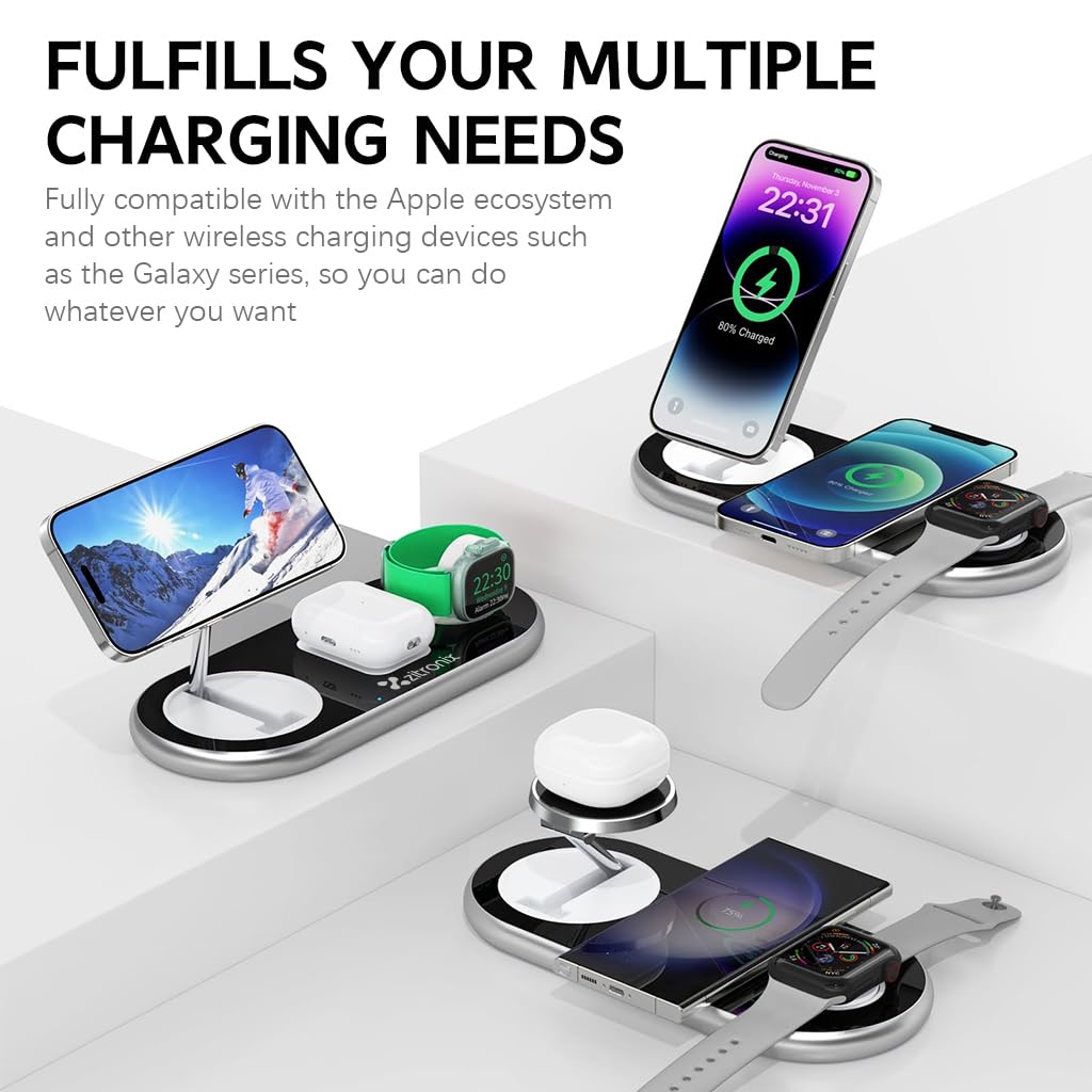 zitronix 3 in 1 Charging Station for iPhone, iWatch & Airpod 15W Wireless Charger Type C Interface & Folding Arm Design Magnetic Mag-Safe Charger Stand Travel Sleek Slim Charger Station, 23x10cm
