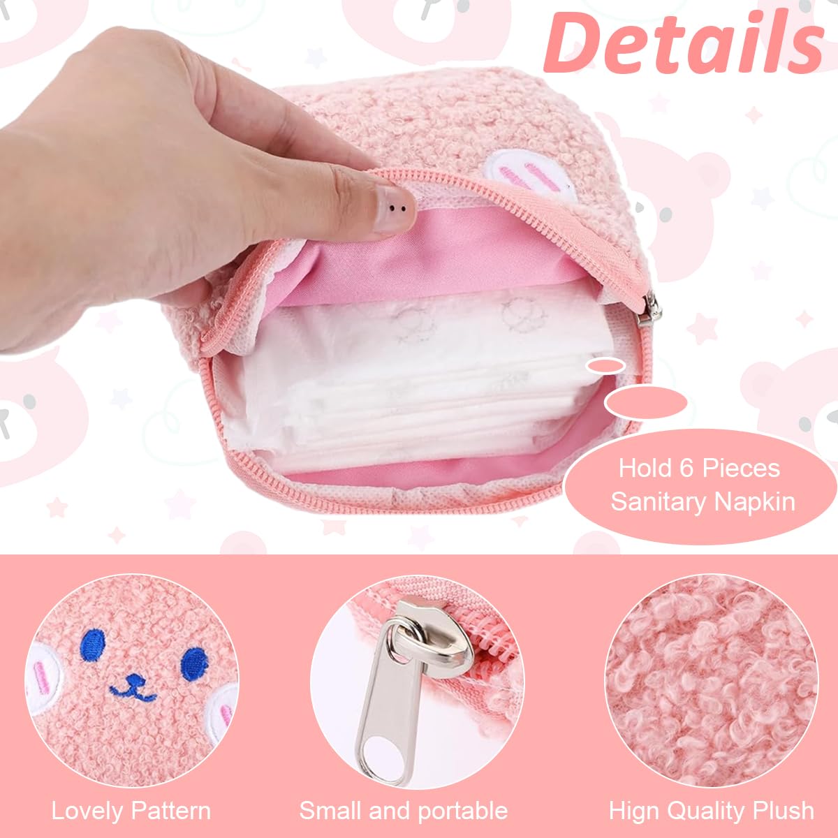 MAYCREATE 3Pcs Makeup Pouch Sanitary Pads Pouches Plush Storage Pouches Cute Cartoon Coin Pouch Small Lipstick Zipper Pouches for Girls Portable Zipper Pouch for Tampons, Sanitary Pads, Tissues