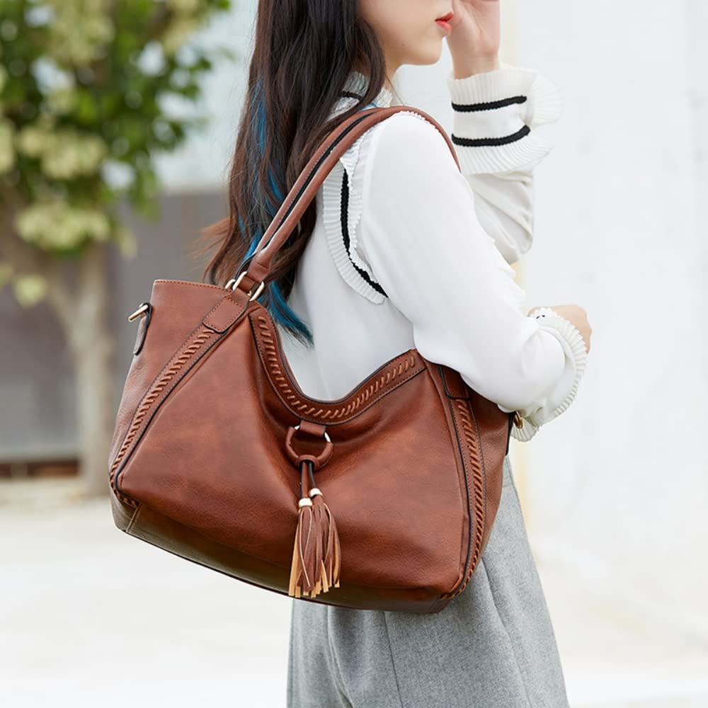 PALAY Tote Bags for Women Handbag Large Capacity Retro Vintage Tote with Shoulder Strap Tassel Decor Handbag for Lady Soft PU Leather Tote Bag Classic Solid Color Shoulder Crossbody Bags