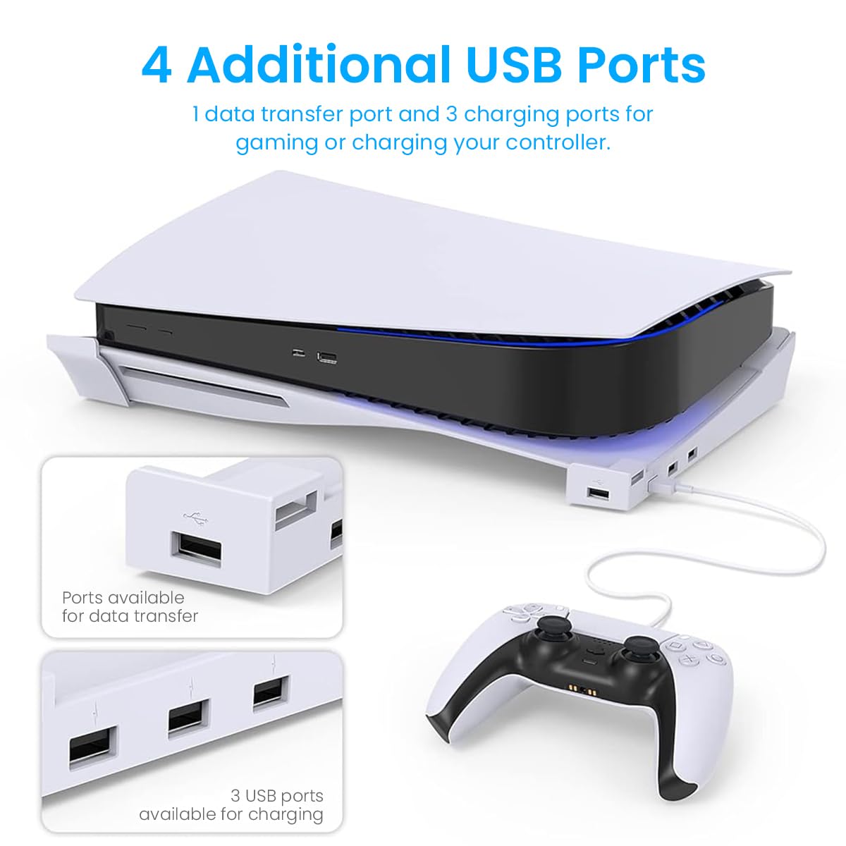 ZORBES Horizontal Stand for PS5 Console Playstation 5 Disc & Digital Edition Console Desk Top Stand with 4 USB Ports Horizontal Stand for Playstation 5 Disc & Digital Edition