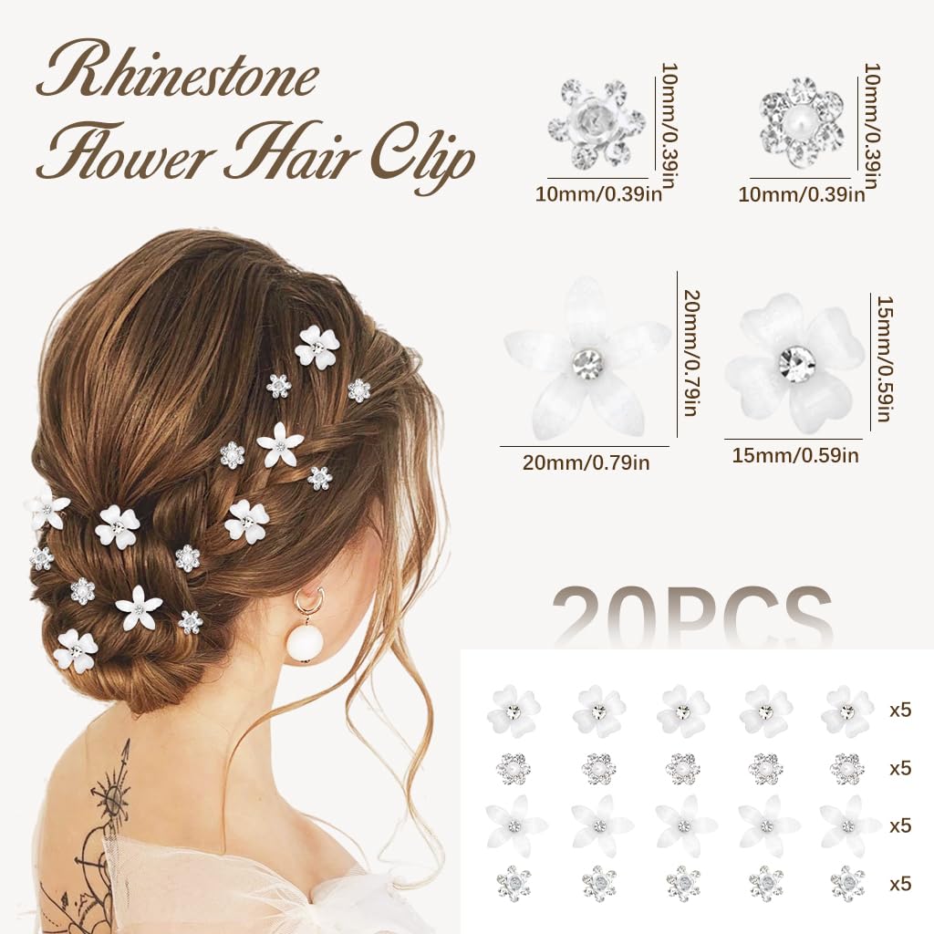 MAYCREATE 20Pcs Small Hair Clips for Girls, Wedding Hair Clips for Hair Styling, Flower Hair Clip Barrette, Rhinestone Flower Clips for Women Hair, Princess Bride Hair Braid Charms Bun Accessories