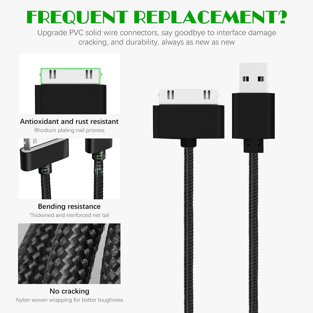 Verilux 30-Pin Charger Cable 6.6ft Long 30-Pin to USB Charger Cable Nylon Braided Charging Cable for i Phone 4/i Phone 4S iPod Classic 4/5/6th Gen, iPod Nano, iPad 2/3 Gen