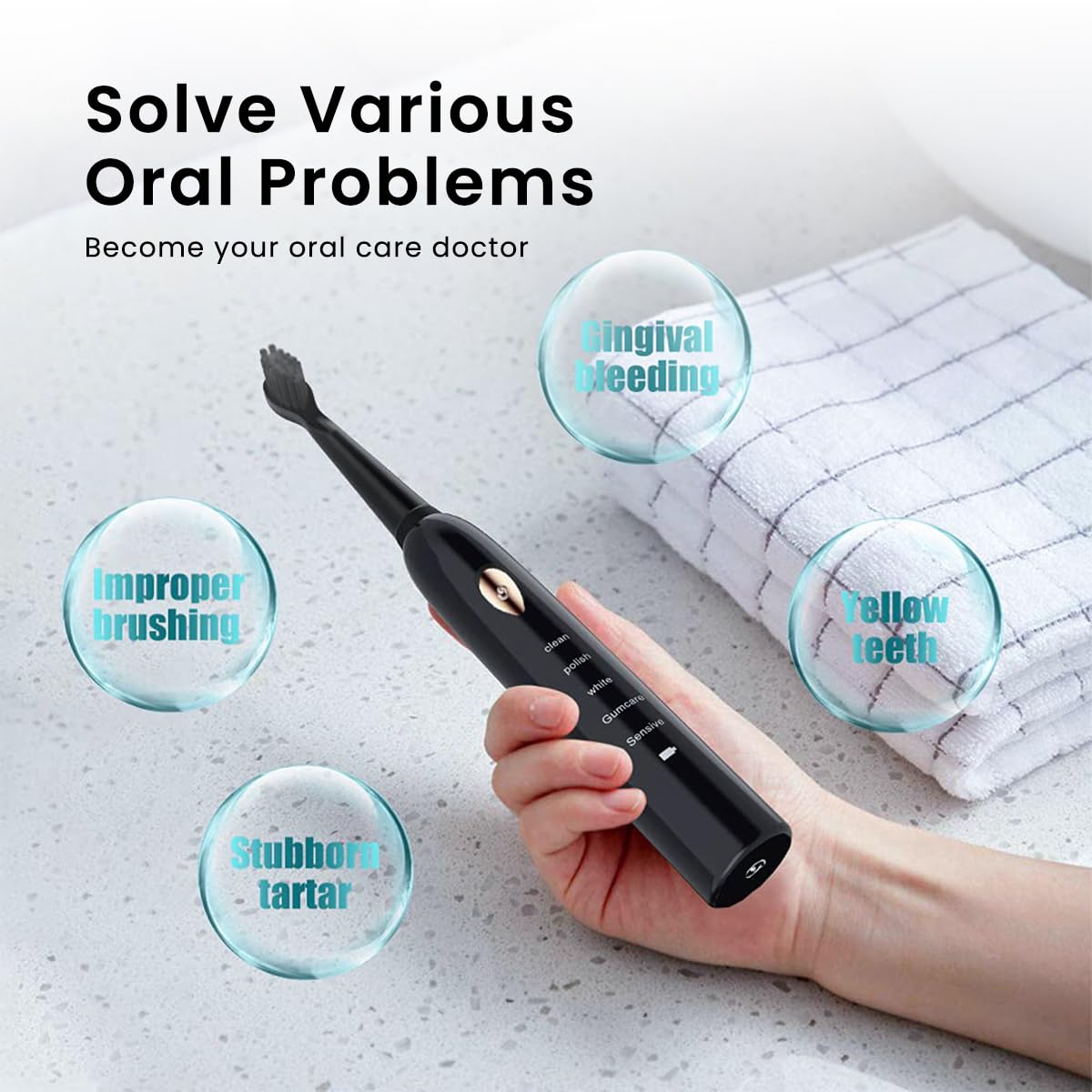 HANNEA USB Electric Toothbrush Ultra-sonic Electric Toothbrush with 4 Replacement Bristles Brush Heads, USB Rechargeable Toothbrush with 5 Modes, IPX7 Waterproof Electric Toothbrush