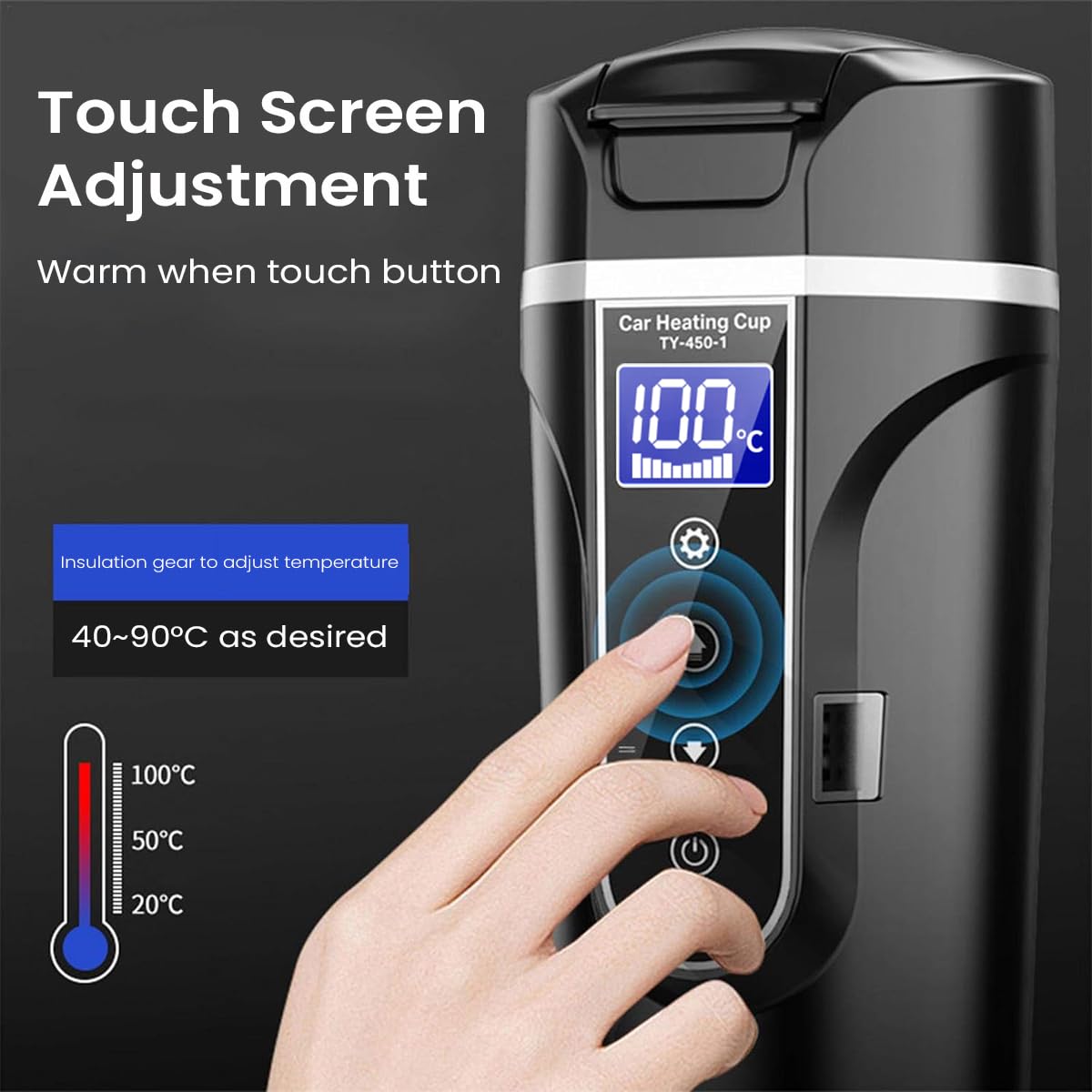 HASTHIP Car Electric Kettle 450ml Electric Heating Water Cup for 12/24V Vehicle LCD Digital Temperature Display Electric Water Kettle 304 Stainless Steel Liner Leak-proof Water Heaters
