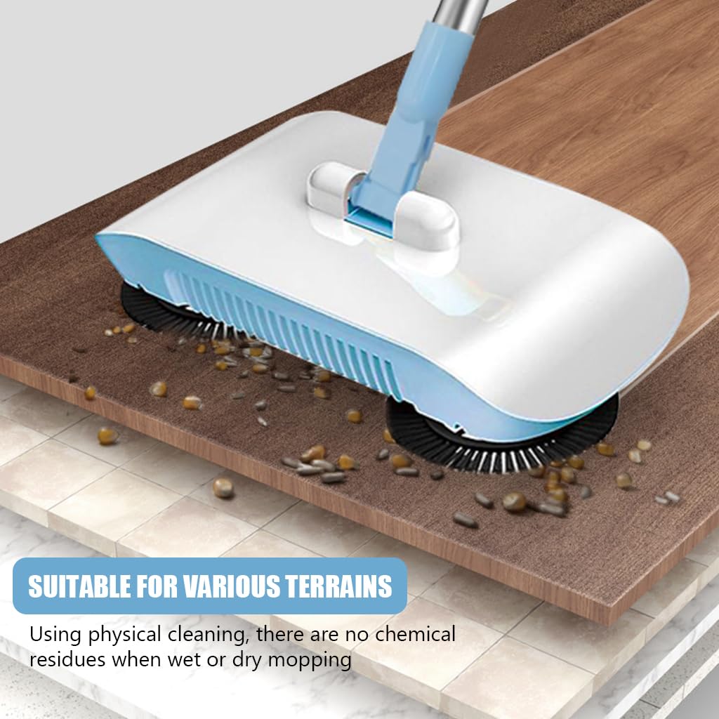 HASTHIP Manual Floor Sweeper & Mop, 2 in 1 Non-Electric Hand-Push Vacuum with 180° Spiral Dual Brushes, Sweeping Mop Crumb Sweeper for Carpet Floor Clean (Blue)