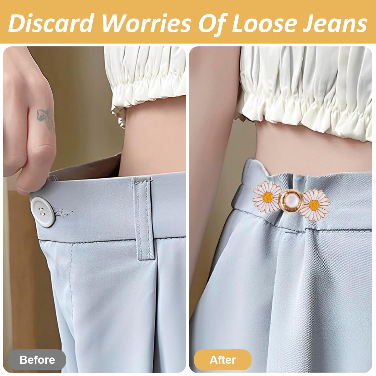 SANNIDHI 4Pcs Daisy Jeans Tightening Clips, Flower Detachable Jeans Adjustable Button Pins, Adjustable Waist Buckle for Women, Instant Pants Waist Tighteners for Loose Waist for Pants Skirts