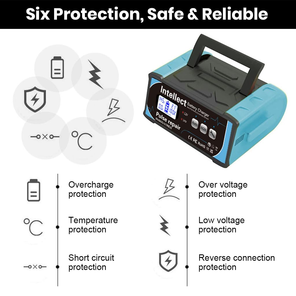STHIRA Battery Charger 12V/24V Intelligent Car Battery Charger Battery Repair Charger Plug and Go Battery Charger LCD Multifunctional Car Battery Charger Portable Battery Charger