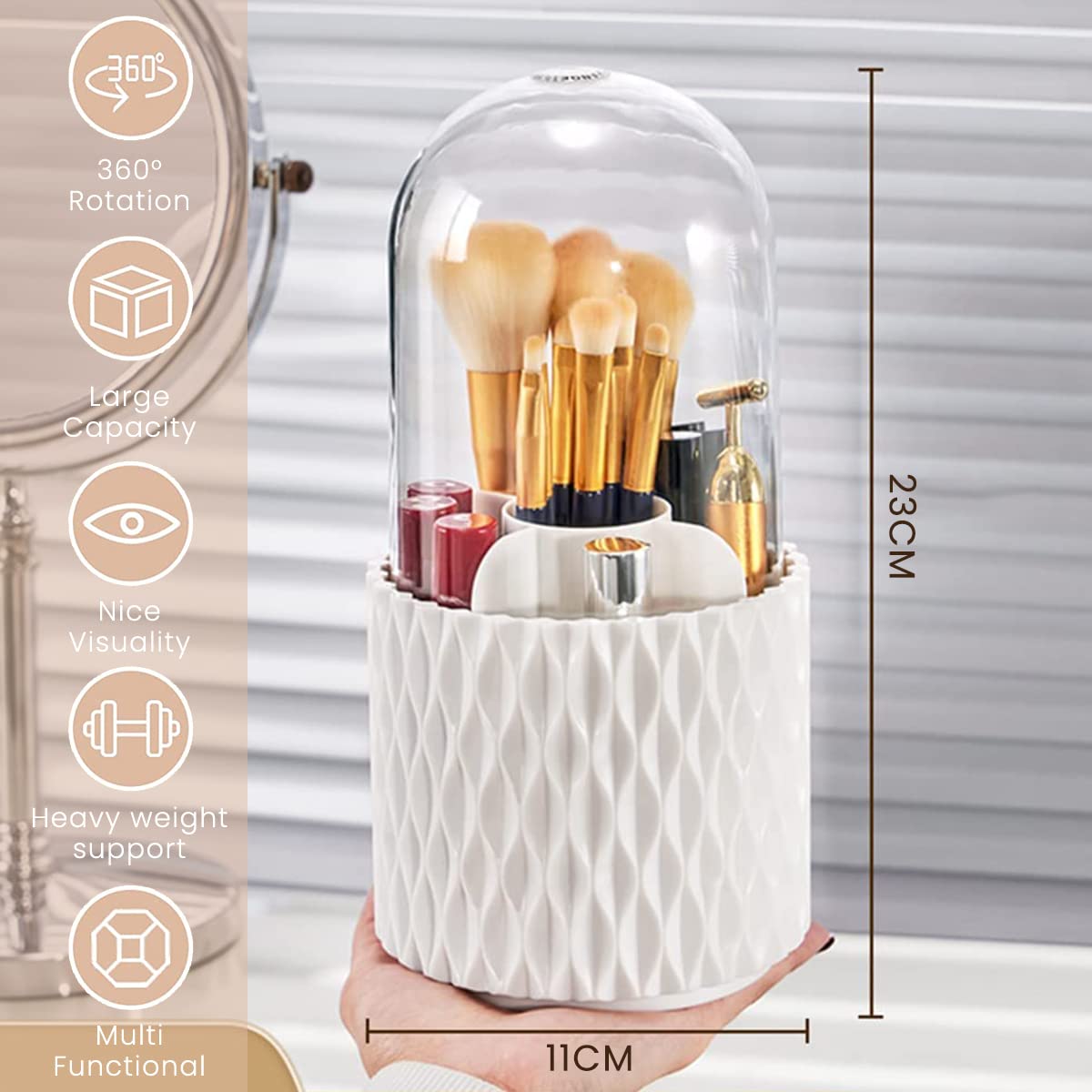 MAYCREATE Makeup Brush Holder Organizer With Lid, 360° Rotatable 4-Grid Cosmetic Makeup Brushes Storage Case Stand For Vanity Or Bathroom - Dustproof & Waterproof, White, Plastic