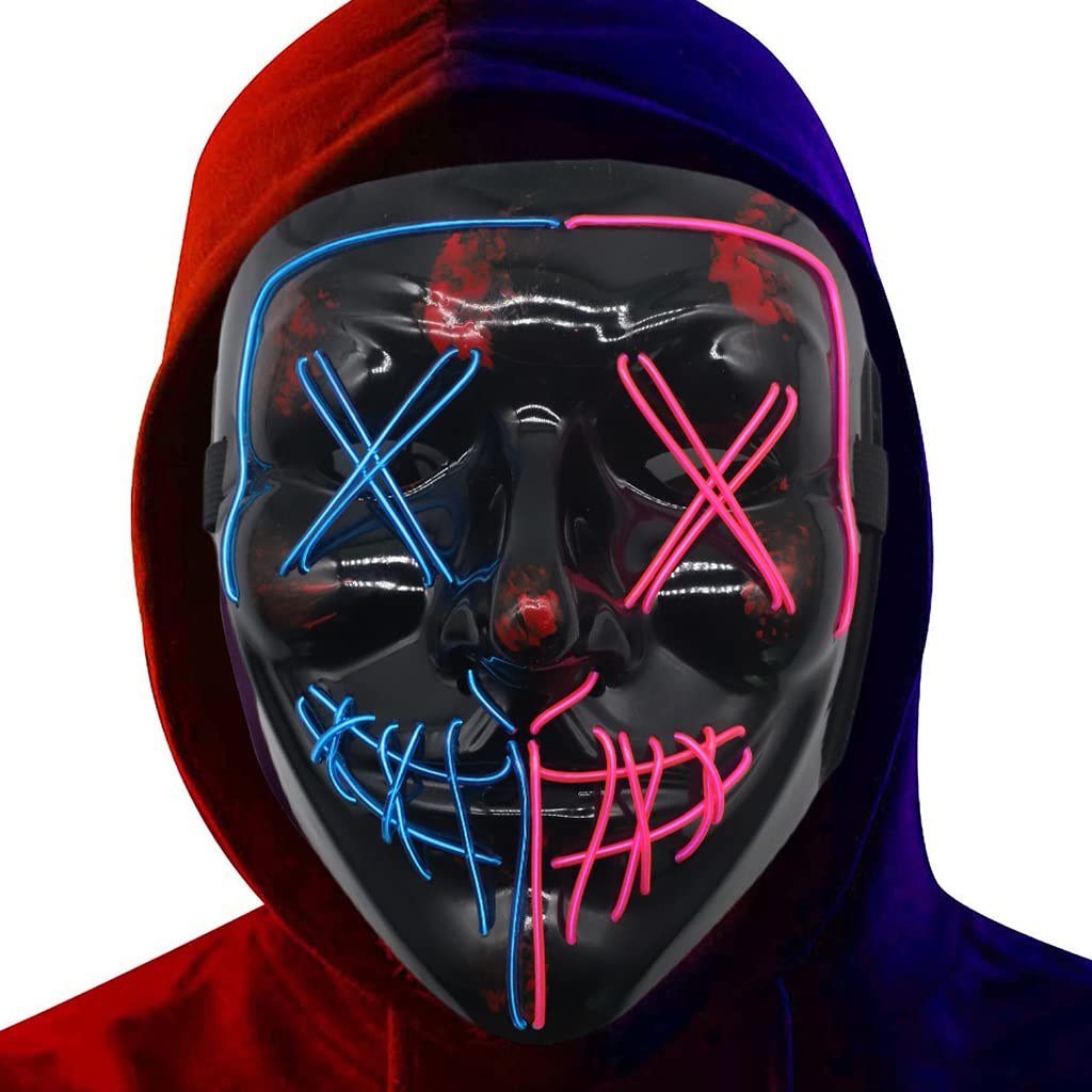 PATPAT Halloween Light Up Mask LED Mask EL Wire Scary Mask for Halloween Festival Party ,Masquerade Cosplay Light Up Face Mask for Men Women Kids (Half Blue & Pink)