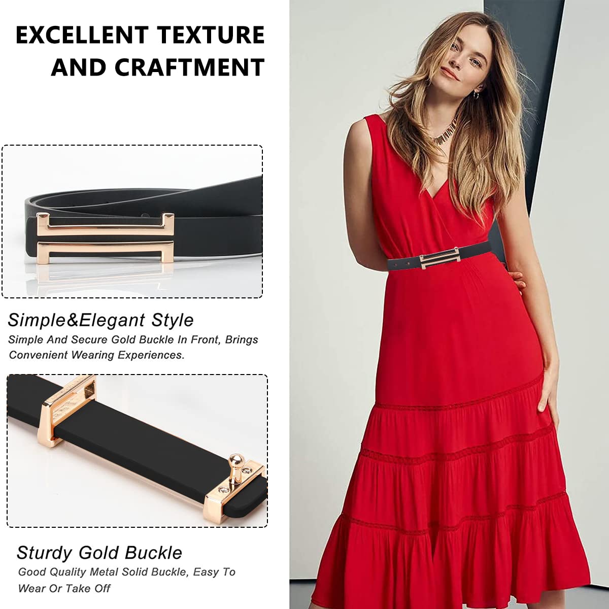 GUSTAVE Black Fashion Leather Simple Slim Belt Buckle Waist Belt for Women for Dresses,Pants,Jeans