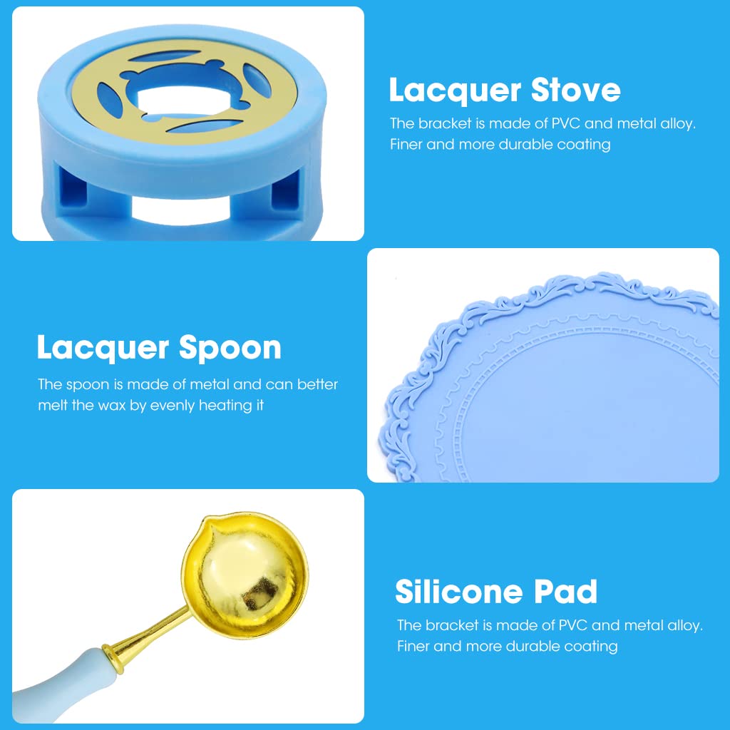 HASTHIP Wax Seal Kit with Wax Seal Furnace, Wax Seal Spoon and Wax Seal Silicone Pad for Melting Wax Seal Beads or Sealing Wax Sticks, Wax Melting Furnace Tool for Wax Envelope Seal Stamp (Blue)
