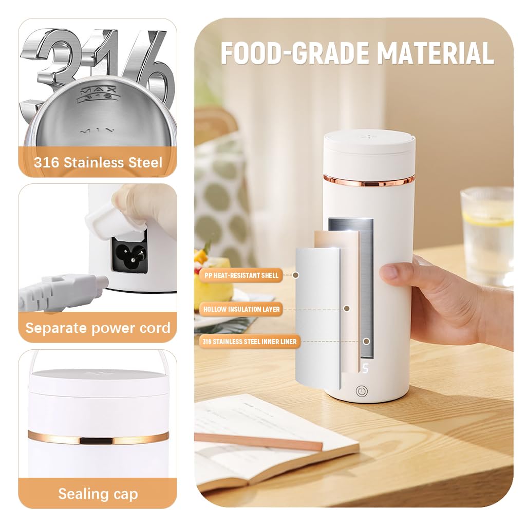 Supvox 500ml Travel Electric Water Kettle with Folding Handle 304 Stainless Steel Thermal Liner Electric Water Kettle with 6 Temperature Adjustment & LCD Temp Display One Button Control