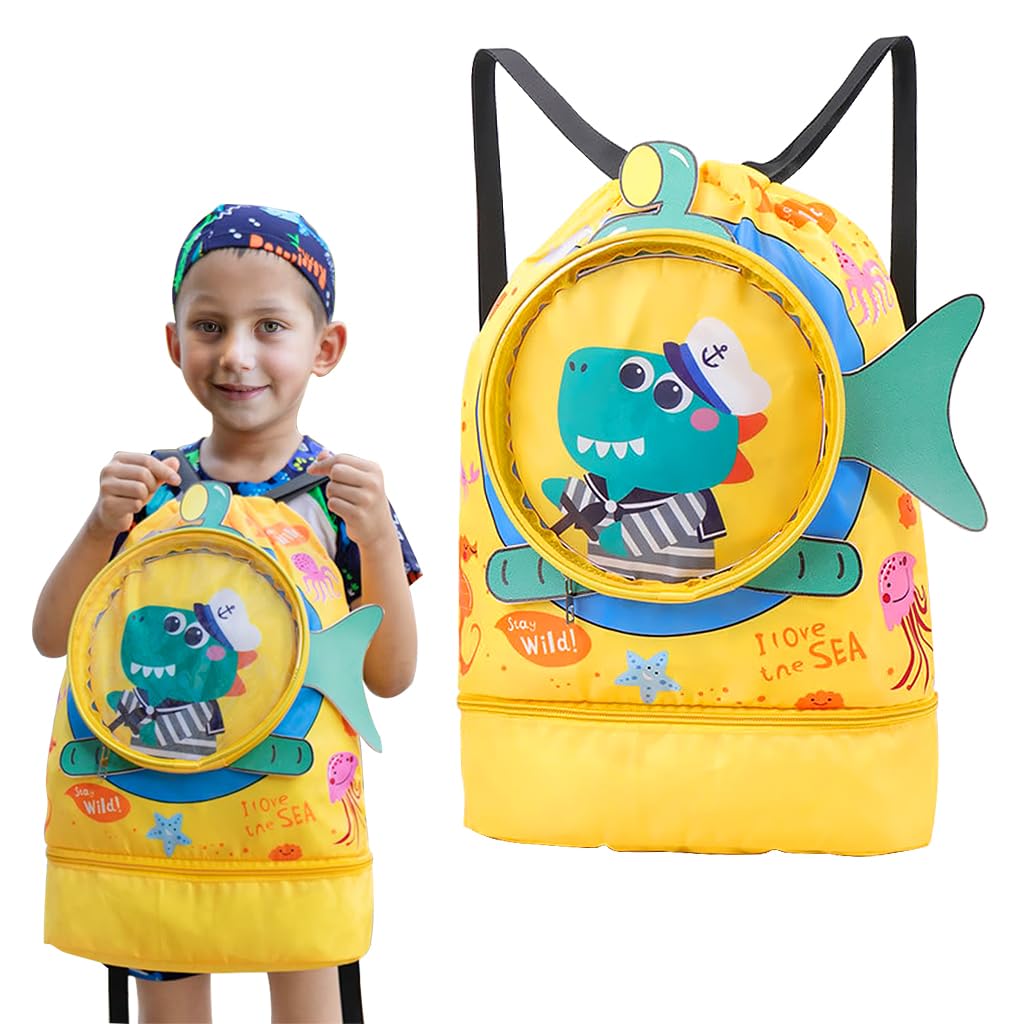 PALAY Swimming Bag for Kids Cartoonish Print Shoulder Bag for Kids Large Capacity Backpack for Girls Boys Wet Dry Separation Drawstring Bag Beach Bag for Clothes, Swimming Goggles, Shoes, Yellow
