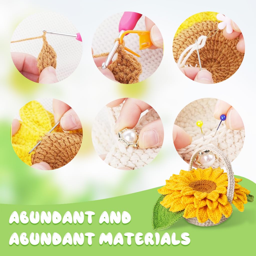 PATPAT DIY Crochet Sunflower Basket Kit Set of 5Pcs DIY Sunflower Coaster Kit 5Pcs Sunflower Coaster Kit Starter Friendly Crochet Kit DIY Crochet