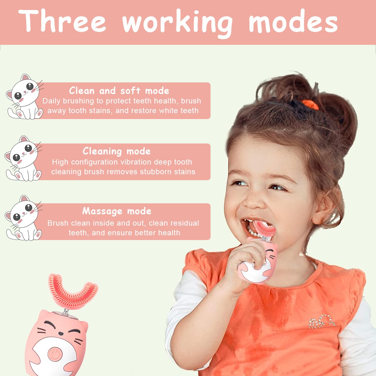 HANNEA Toothbrush For Kids, Electric U Shaped Ultrasonic Brush Tooth, Chargeable automatic Tooth Brush With 3 Cleaning Modes IPX7 Waterproof USB Rechargeable Toothbrush (Ages 3-7)