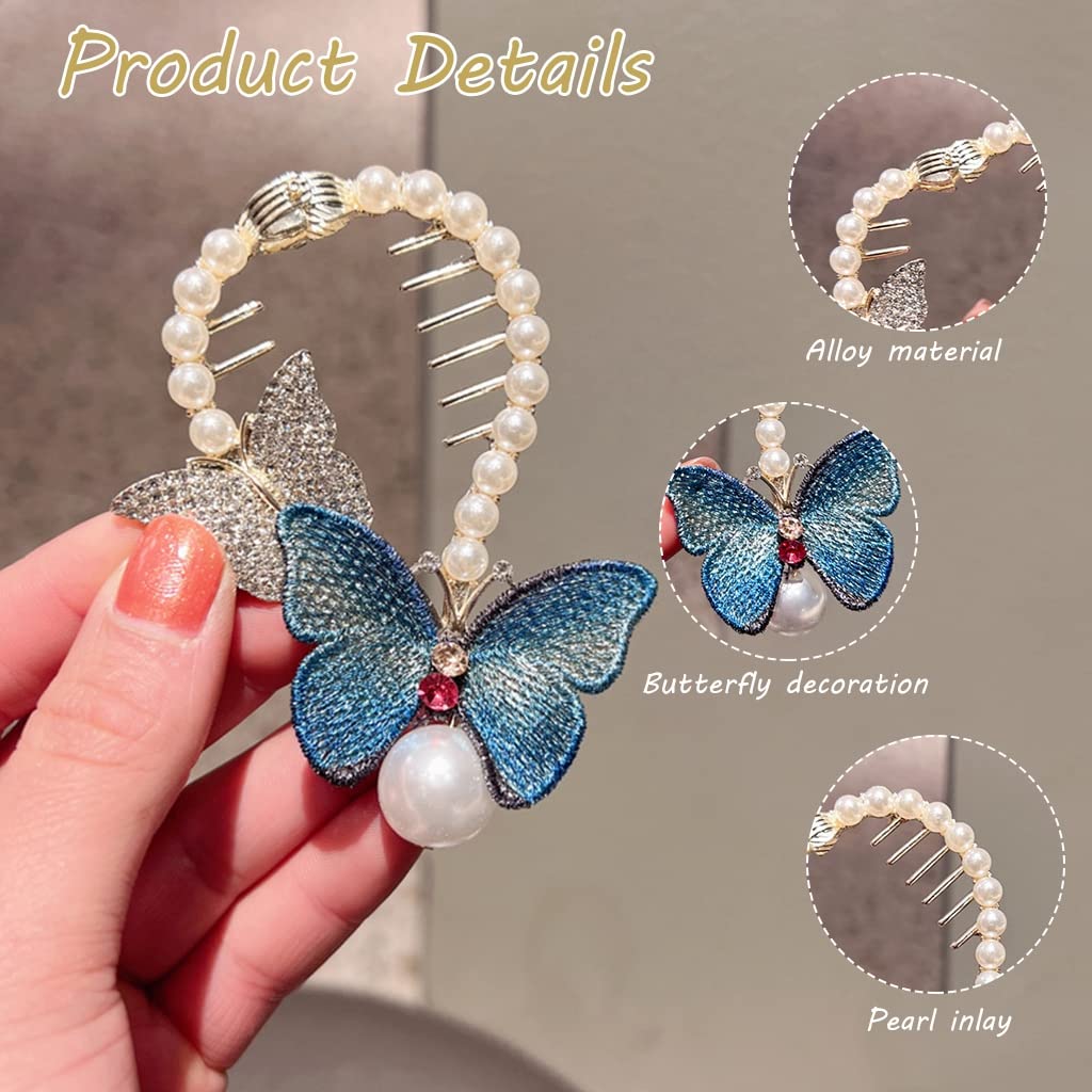 PALAY Hair Bun Accessories for Women Pearl Butterfly Bun Holder Hair Style Clip, Stylish Metal Rhinestone Twist Hair Bun Clips for Ladies Bride Party or Daily