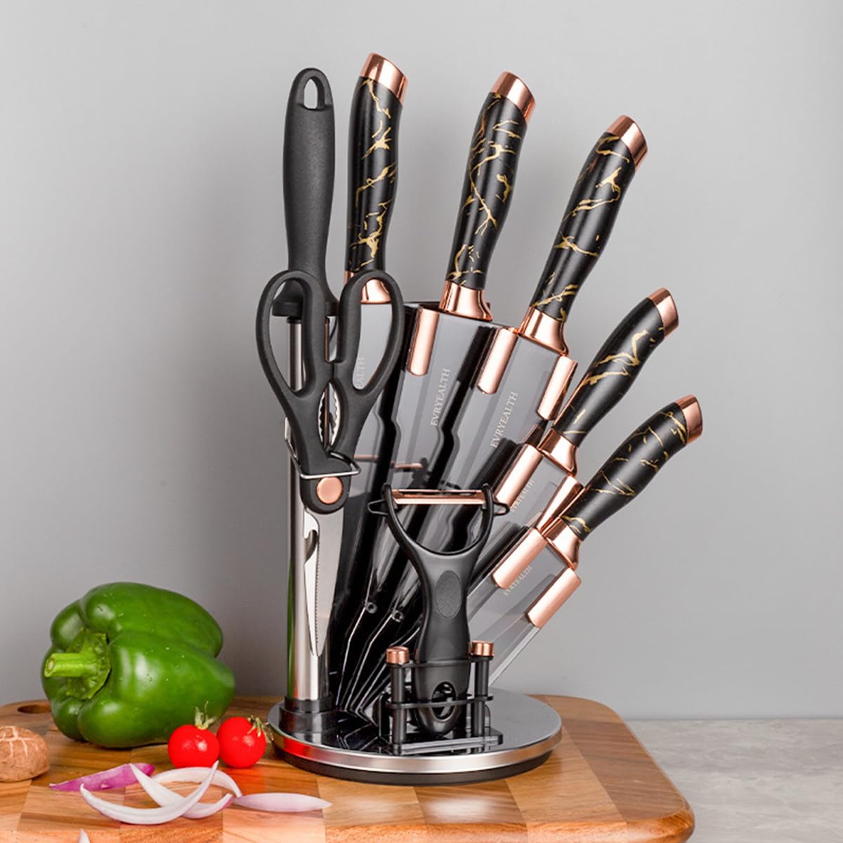 HASTHIP Kitchen Cutters Set of 8Pcs Stainless Steel Kitchen Cutter Tool Set with Storage Holder Chef Western Japanese Chef Knives Fruit Cutter Peeler Scissors Cutter Sharpenning Steel