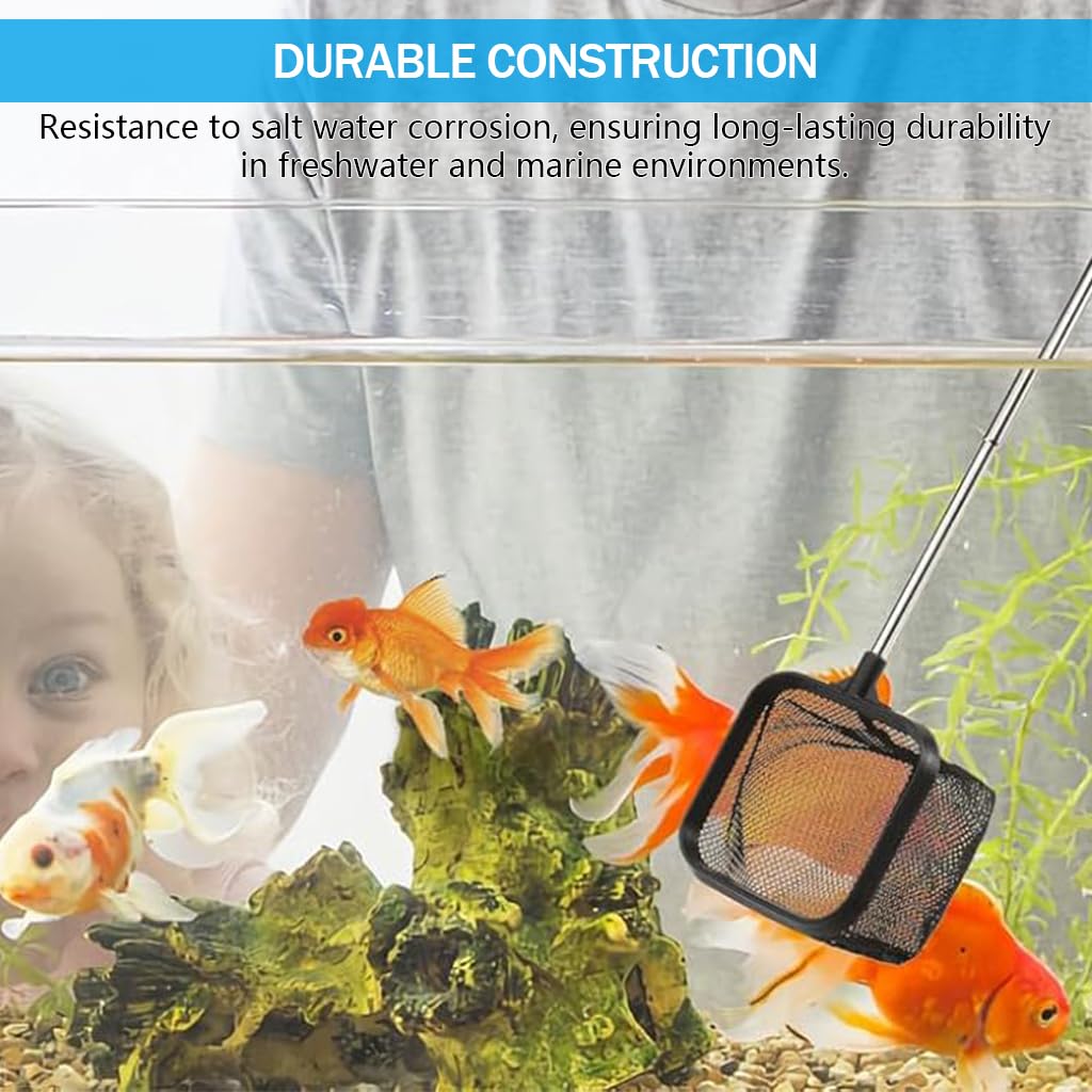 Qpets 18 Inch Small Aquarium Fish Net for Betta Fish Tank Stainless Steel Retractable Handle Design Square Fish Net for Small Fish Tank Betta Fish Tank