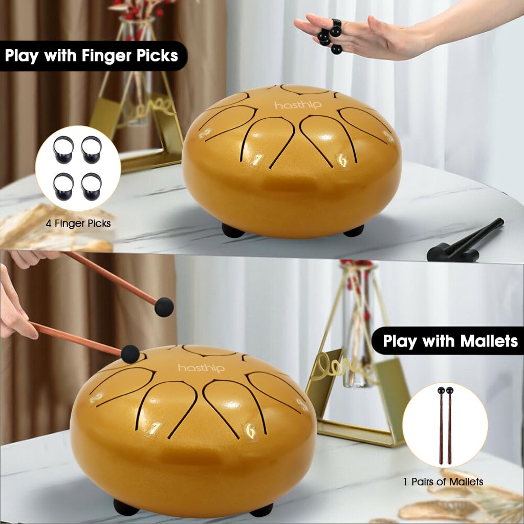 HASTHIP 6-inch Steel Tongue Drum 8 Note, Percussion Instrument Handpan Drum with Bag, Music Book and Mallets for Kids and Adults Meditation Musical Education Concert Mind Healing Yoga (Gold)