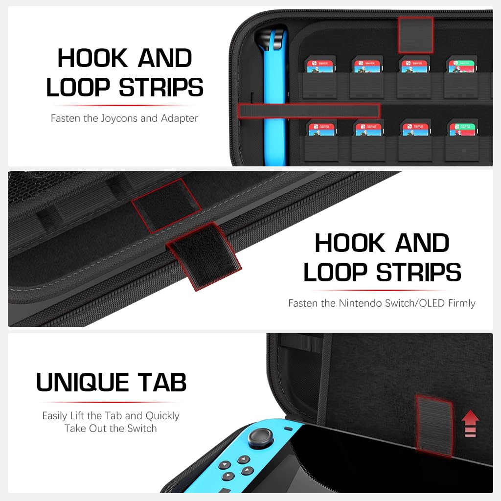 ZORBES Travel Bag for Switch/Switch OLED, EVA Hard Shell Travel Bag with Handle 20 Game Cassette Slots Design Accessories Bag for Game Pad, Joycon Controller, Charger & Cable, Earphones, Only Case
