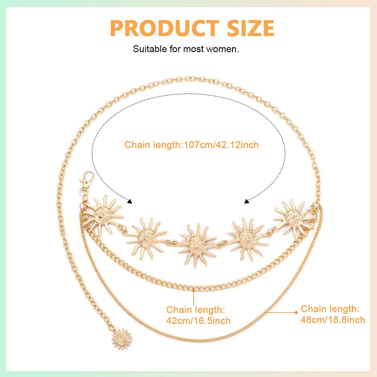 PALAY Chain Waist Belts for Women, Trendy 3-Layer Metal Chain Belt for Women Dresses, Sun Element Decor Gold Body Belly Belt Accessories, Matched with Suits, Jeans, Shirts, Dress