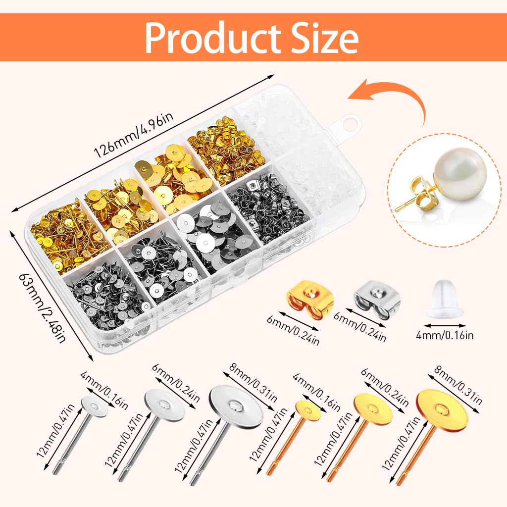 MAYCREATE 2000 Pieces DIY Earring Posts and Backs Golden and Silver Earring Posts and Backs Kit with 3 Sizes Stainless Steel Round Ear Stud Backs, Rubber Ear Stud Stoppers, Butterfly Earring Backs