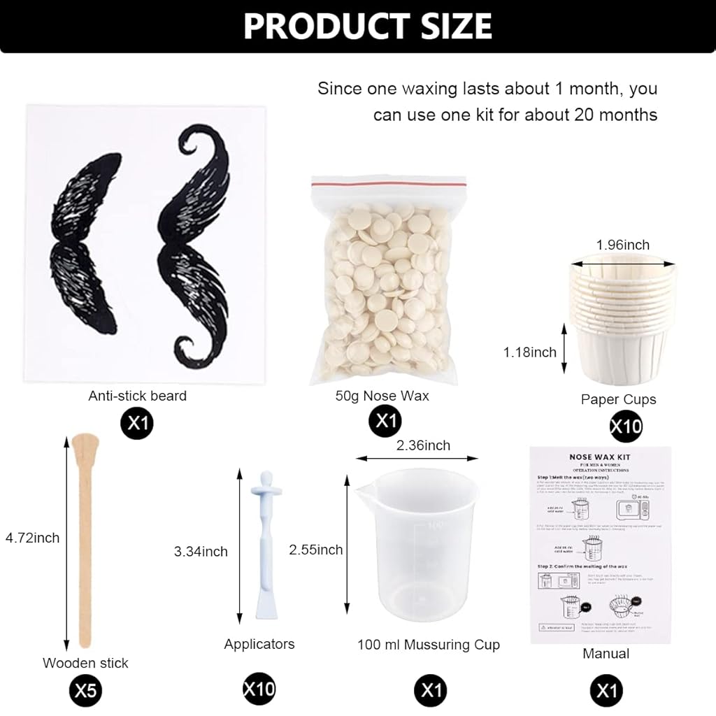 MAYCREATE Nose Wax Kit for Men Women, Eyebrows Ears Lips Facial Nose Hair Removal Wax, 50g Wax, 10 Applicators, 5 Wooden Stick, 10 Little Cups, 1 Protect Sticker, 1 Measuring Cup