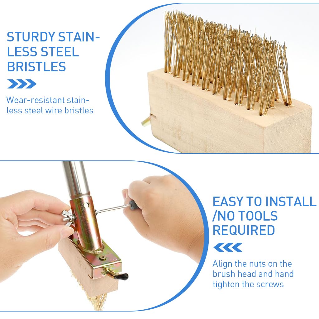 HASTHIP 62.9 Inches Crack Cleaning Brush with 4 Stainless Steel Poles Metallic Wire Bristles Brush Assembly Pathway Cleaning Brush with Weeds Removal Tool Long Handle Crack Cleaner