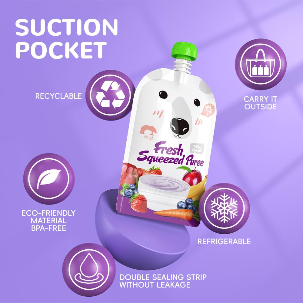SNOWIE SOFT 10 Pcs Reusable Baby Food Pouch Squeezable Pouch for Milk Juices, Portable Bottom Double Sealing Strip Design, Leak Proof Food-Grade Baby Food Storage Easy to Refill and Clean (200ML)