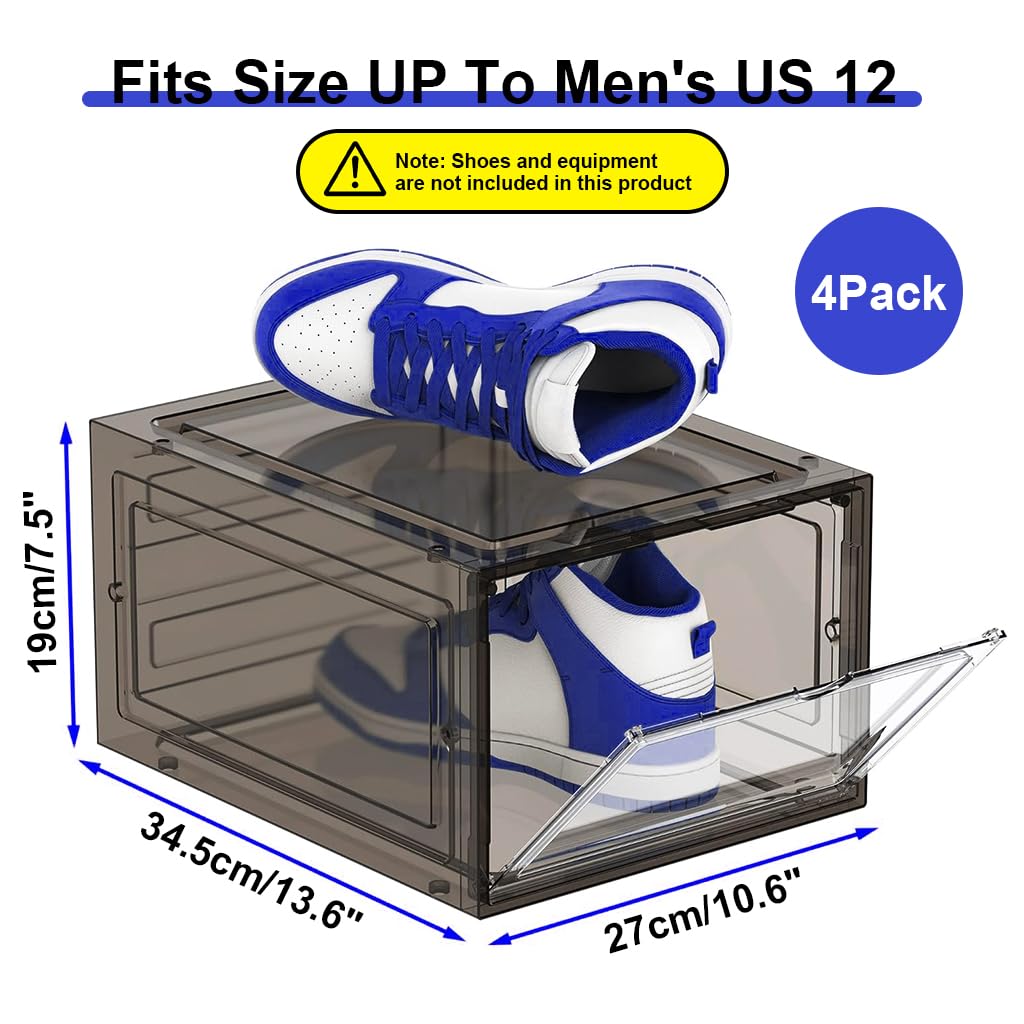 HANNEA 4 Packs Shoe Box Plastic Shoe Storage Separate Shoe Box with Magnet Door Stackable Shoe Organizer Universal Size Sneaker Shoe Box for Men Shoes Box for Women, 27x34x19cm