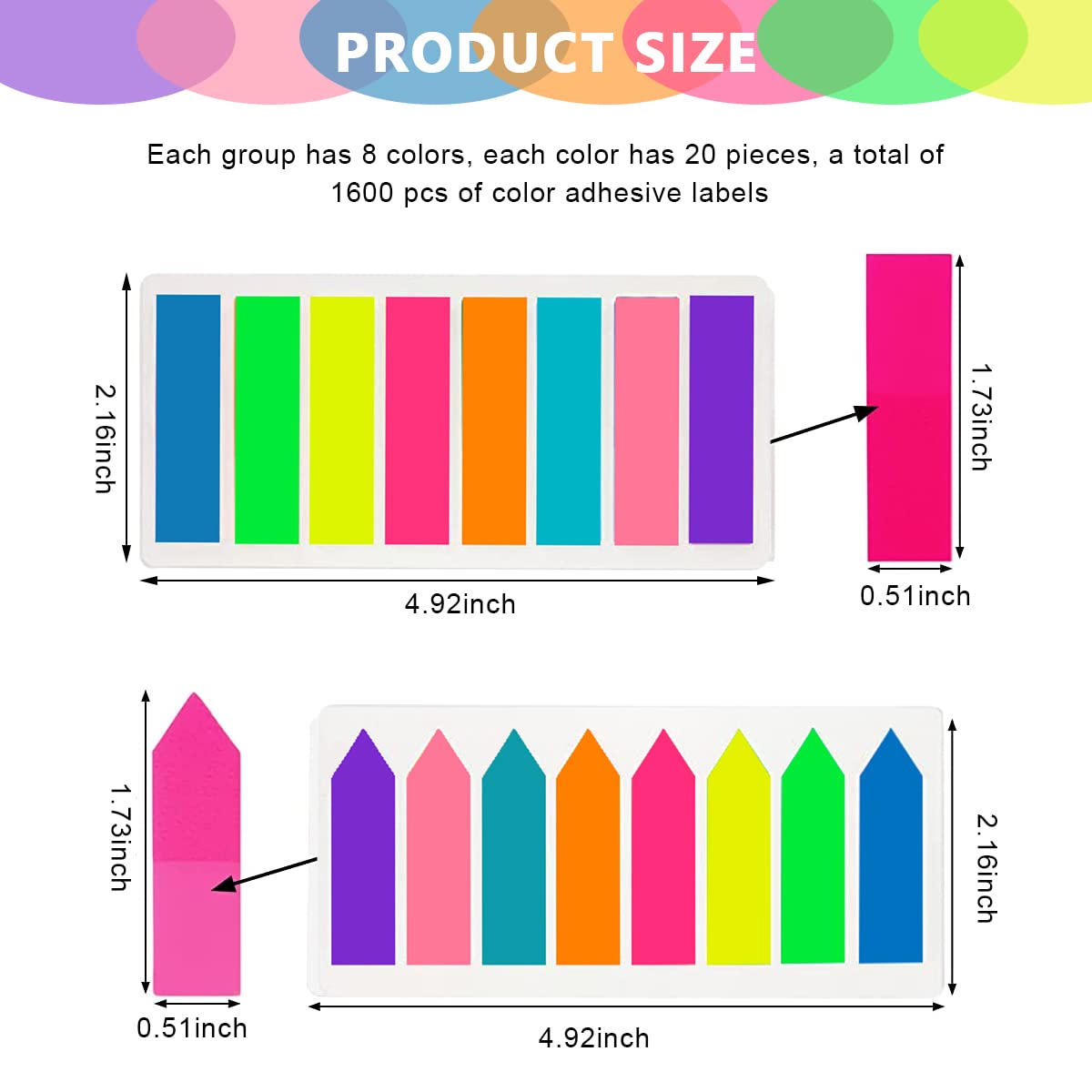 HASTHIP Sticky Notes 8 Colors Sticky 1600pcs Fluorescent Color Index Tabs Sticky Tabs for Notebook, Books, PET Material Page Tabs Sticky Flags File Index Tabs Office Stationery