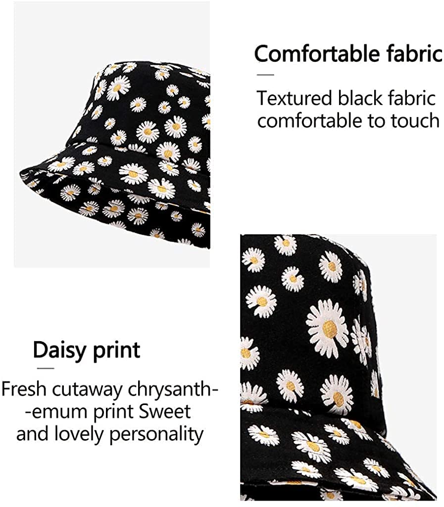 PALAY Bucket Hats for Women Little Daisy Print Cotton Fisherman Beach Hats Foldable Reversible Bucket Outdoor Casual Summer Sun Hat for Ladies Girls Cap (Black)