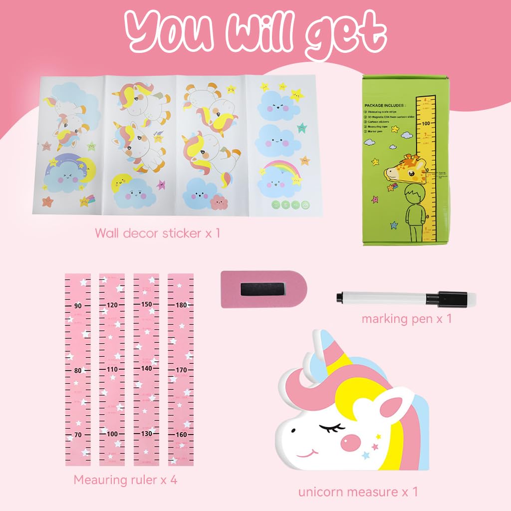 PATPAT Height Growth Chart for Kids Room 70-180cm Height Ruler with Magnetic Cartoon Pink Unicorn Marker Height Growth Chart Kids Room Decor