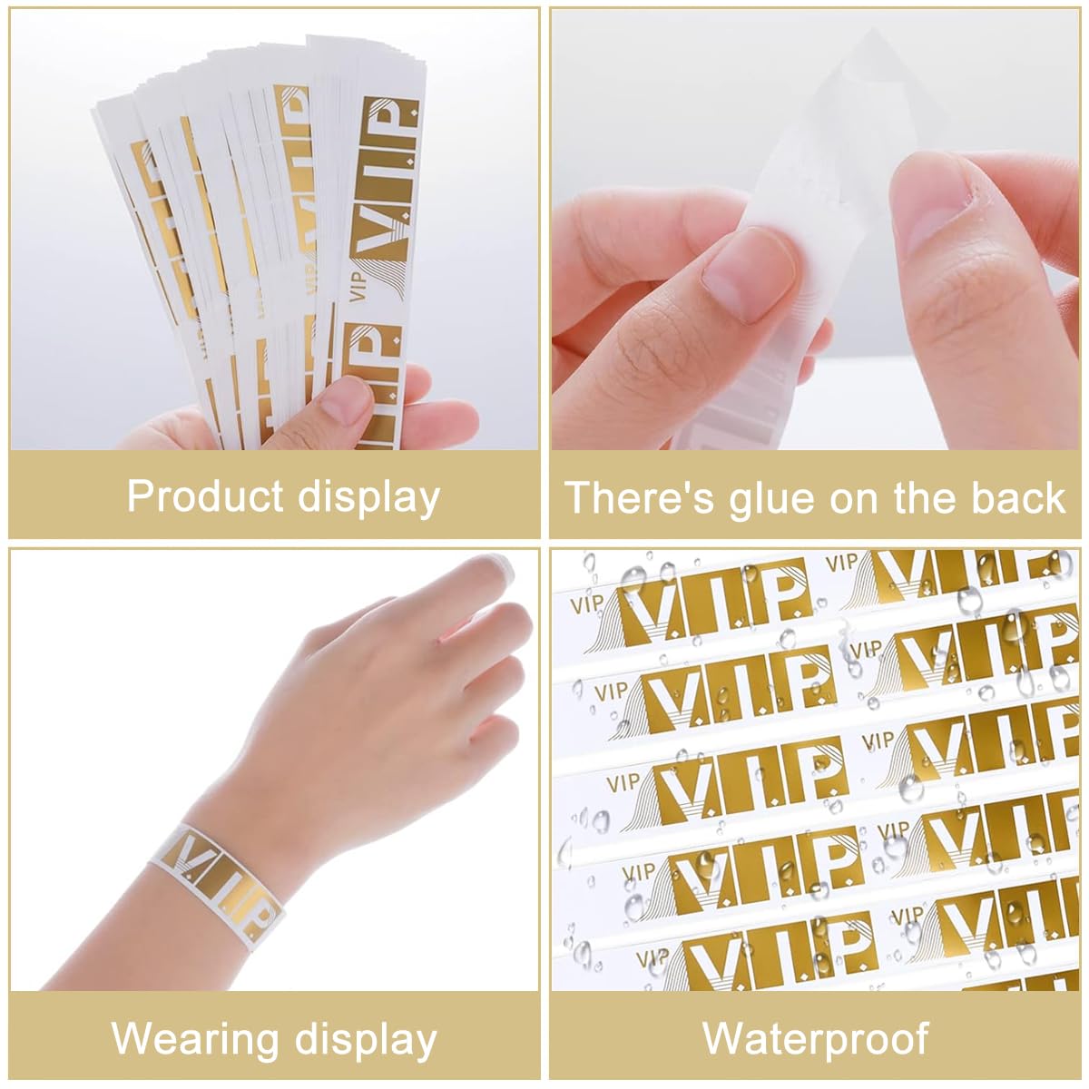 HASTHIP 300 Pcs VIP Wristbands for Customers Waterproof Paper Bracelets Lightweight Event Wristbands for Party Concert Club Amusement Park Festivals, Gold