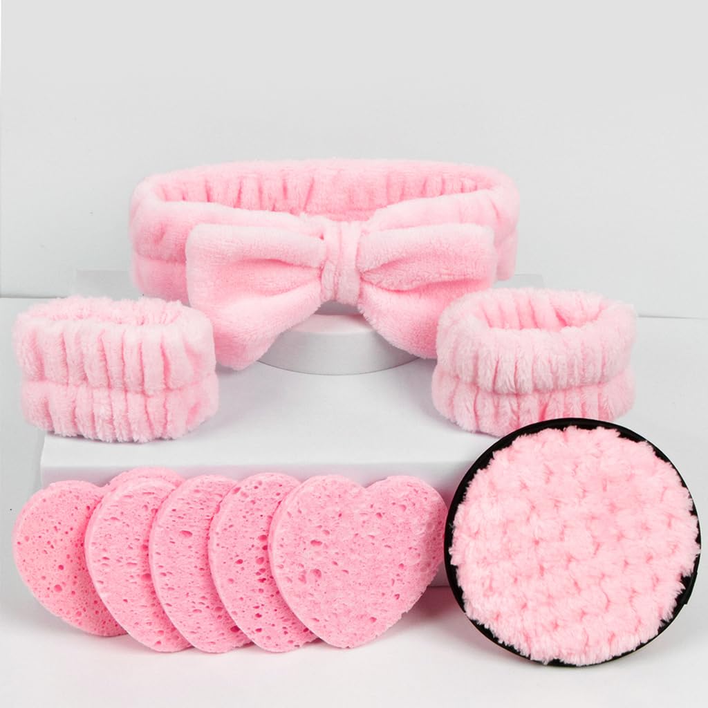 MAYCREATE 9Pcs Face Wash Kit Face Wash Sponge Pads Pluffy Makeup Remover Pad Pink Bow Face Wash Headband Soft Microfiber Wristband Facial Cleaning Set Facial Supplies