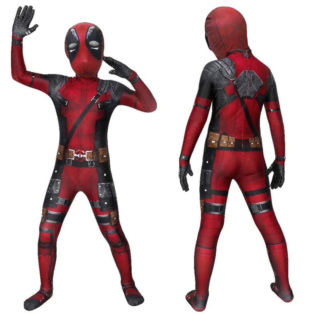 FANCYKU Kids Deadpool Costume Suit, Roleplay Costume Bodysuit with Deadpool Mask, Halloween Cosplay Costume for Boys, 3D Digital Print Jumpsuit Outfit for Boys Girls Christmas Gift (Size 130cm)