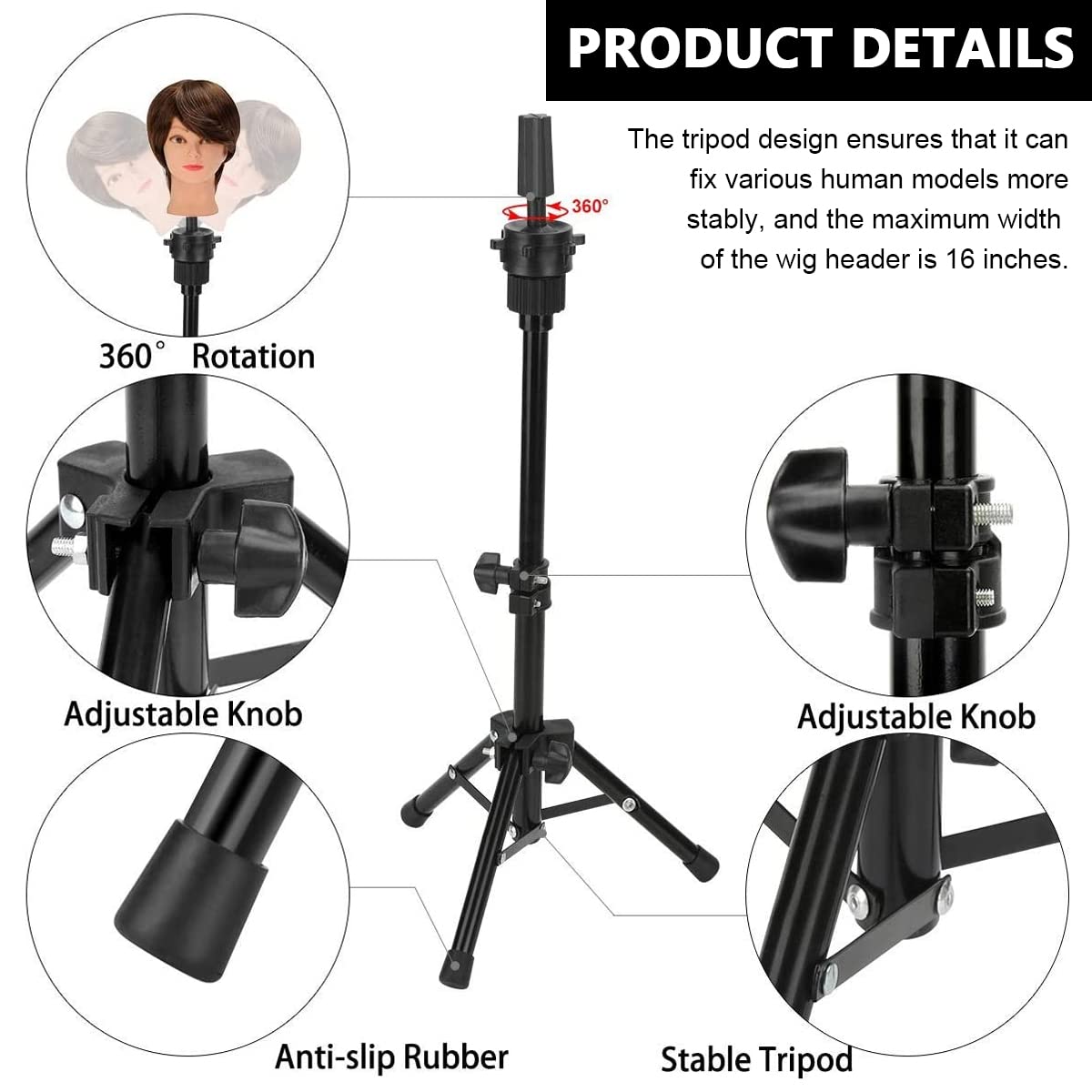 MAYCREATE Mannequin Head Stand, Retractable Mannequin Head Holder Tripod Stand Adjustable Wig Display Stand for Long Hair Wig, Short Hair Wig, Hair Wig Stand Tripod for Hairdressing Training